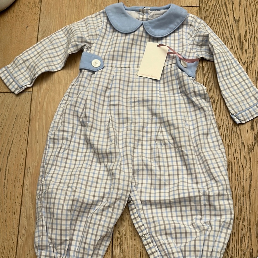 Cecil and Lou Blue and White Checkered Baby Romper 12m